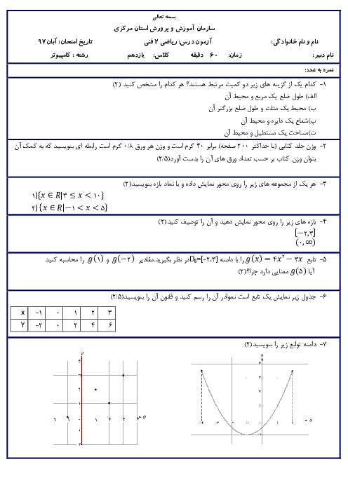 امتحان پودمان 1 ریاضی یازدهم هنرستان کاردانش صالح اراک | تابع