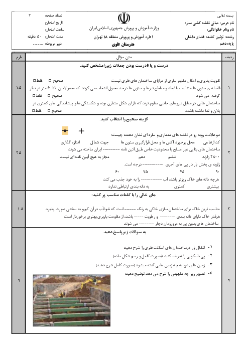 امتحان میان ترم اول نقشه کشی سازه دهم هنرستان علوی | آذر 1400