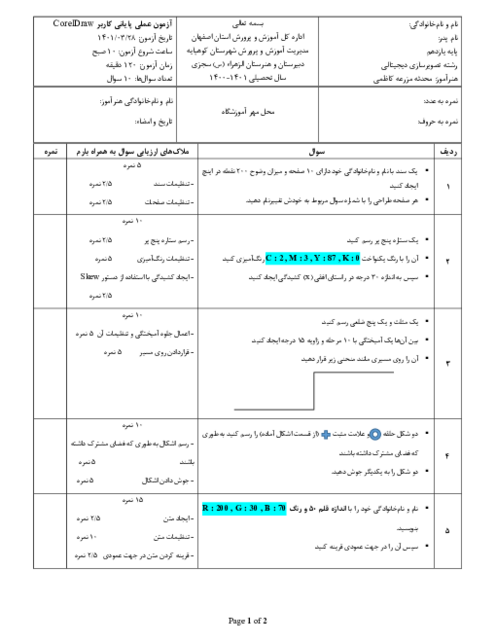 آزمون عملی پایانی نوبت دوم درس کاربر CorelDraw هنرستان الزهرا خرداد 1400