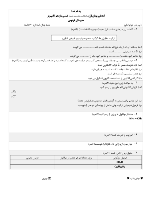 امتحان پودمان اول شیمی هنرستان؛ ساختار اتم و مفاهیم پایه شیمی