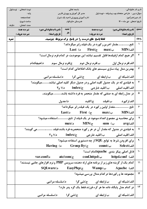 آزمون ترم اول طراح صفحات وب پیشرفته سال دوازدهم هنرستان کاردانش حاج قوام | دی 1400