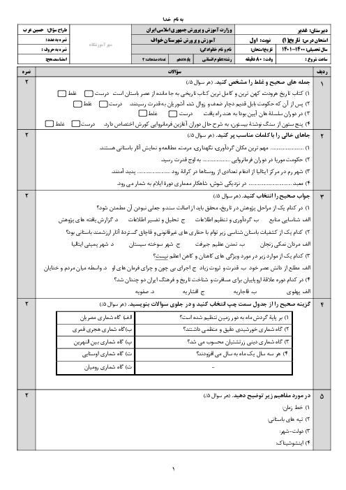 سوالات امتحان نوبت اول تاریخ (1) دهم دبیرستان غدیر | دی 1400