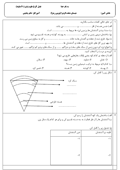 ارزشیابی مستمر علوم تجربی ششم دبستان شاهد الزهرا | درس 4 و 5