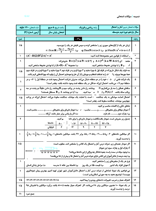 سوالات پیشنهادی امتحان نوبت دوم آمار و احتمال پایه یازدهم رشته ریاضی با پاسخ تشریحی | نمونه 2