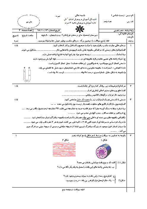 امتحان ترم اول زیست شناسی (1) دهم دبیرستان استعدادهای درخشان فرزانگان تبریز | دی 98