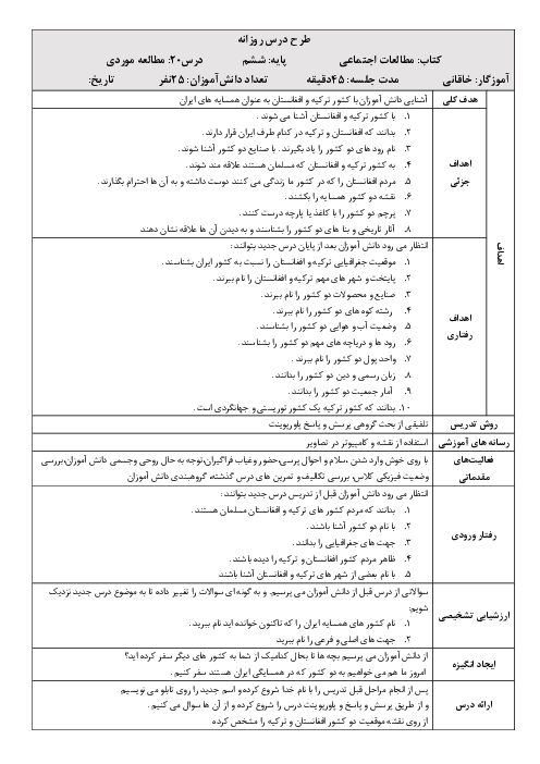 طرح درس روزانه مطالعات اجتماعی ششم  | درس 20: ترکیه و افغانستان