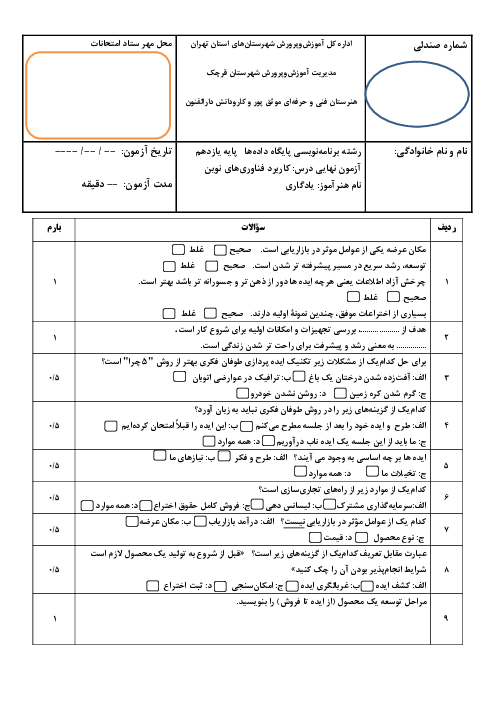 سوالات امتحان کاربرد فناوری‌های نوین یازدهم هنرستان فنی دارالفنون | نوبت خرداد 1402