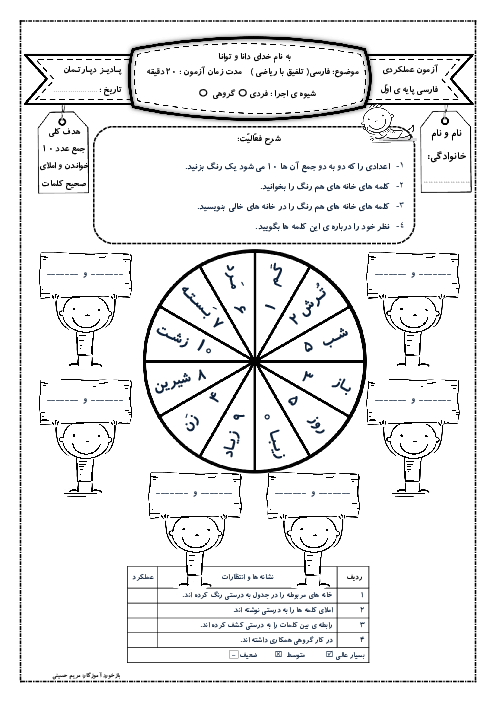 آزمون عملکردی تلفیقی تا پایان درس 10: کلمه‌های مخالف و جمع عددها