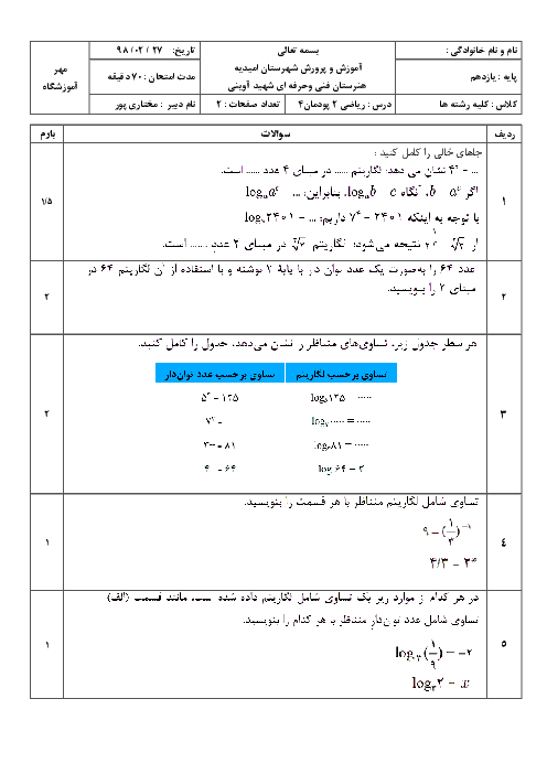 امتحان پودمان 4 ریاضی یازدهم هنرستان فنی و حرفه ای شهید آوینی | لگاریتم و خواص آن