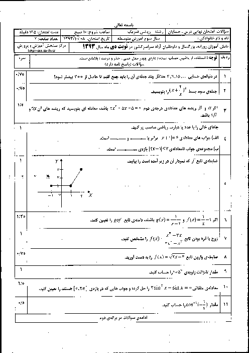 امتحان نهایی هماهنگ حسابان سوم ریاضی فیزیک با پاسخ تشریحی| دیماه 93