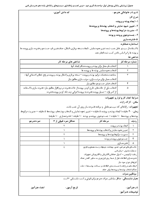 ارزشیابی پایانی پودمان اول (واحد یادگیری 2) درس نصب و راه اندازی سیستم های رایانه ای پایه دهم هنرستان فنی