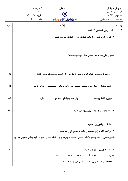 امتحان درس زبان فارسی (2) دی ماه 1389 | دبیرستان شهید صدوقی یزد