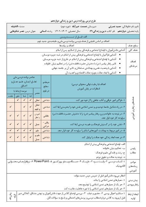 طرح درس روزانه دین و زندگی دوازدهم انسانی | درس 11: عصر شکوفایی