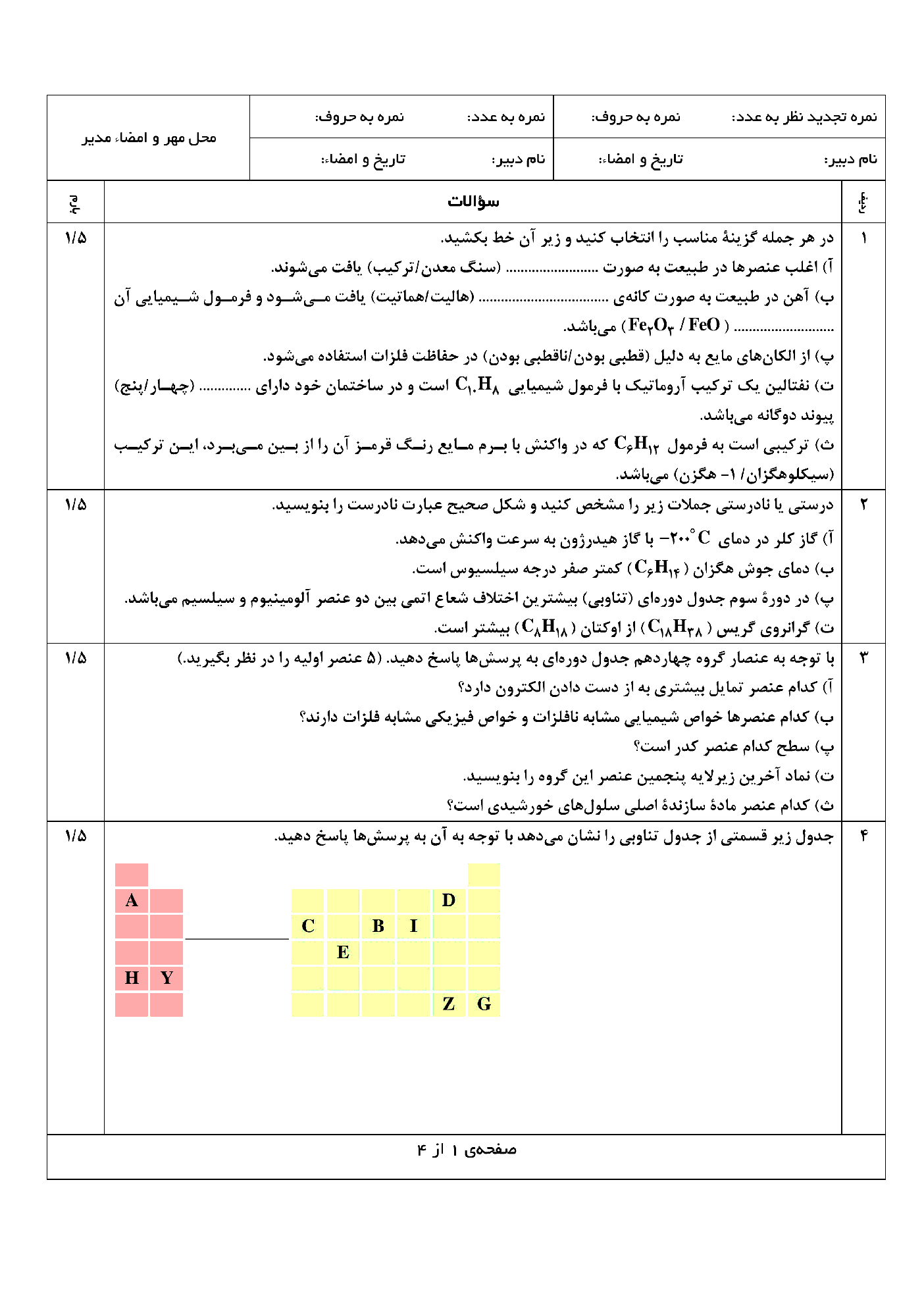 آزمون نوبت اول شیمی (2) یازدهم دبیرستان نمونه دولتی جاویدان | دی 98