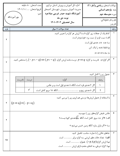 سوالات امتحان نوبت اول ریاضی و آمار 2 یازدهم دبیرستان شهید غریبی | دی 1401