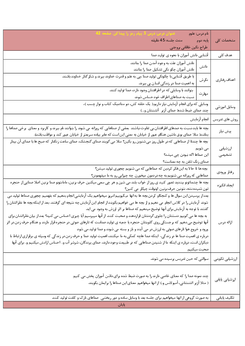 طرح درس روزانه علوم تجربی دوم دبستان | درس 5: صدا چگونه تولید می شود؟