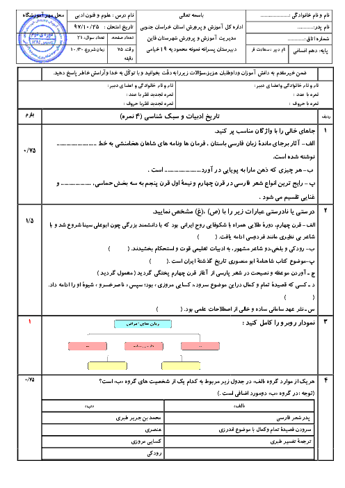 امتحان ترم اول علوم و فنون ادبی (1) دهم دبیرستان نمونه خیامی قائنات | دی 1397