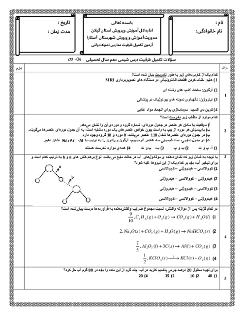 آزمون تستی کل کتاب شیمی 1