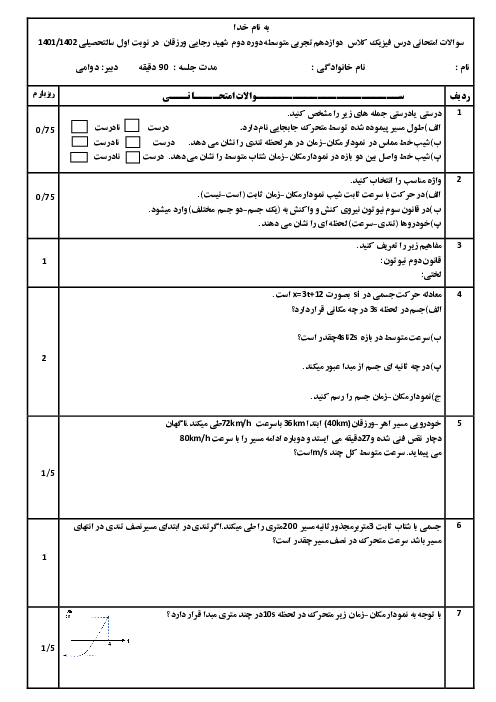 سوالات امتحان ترم دیماه 1401 درس فیزیک پایه‌ی دوازدهم آموزشگاه شهید رجایی (فصل 1 و 2)