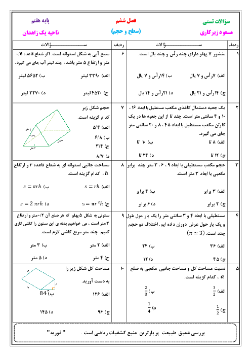 سوالات تستی ریاضی هفتم مدرسه شهید رزمجو مقدم | فصل 6: سطح و حجم