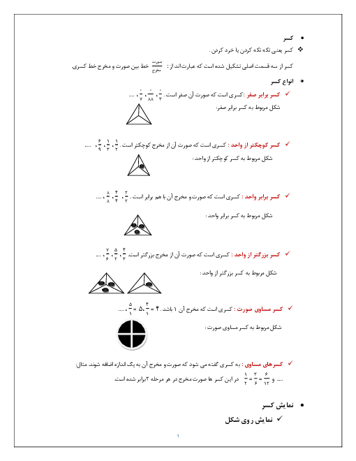 درسنامه ریاضی پنجم دبستان | کسر، انواع کسر، نمایش کسر و مقایسه کسرها