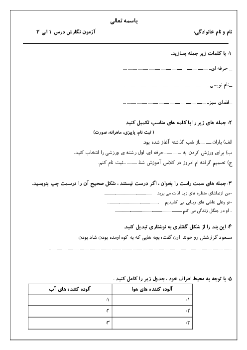 آزمون درس 1 تا 3 نگارش پایه‌ی سوم دبستان شهدای کفشگیری