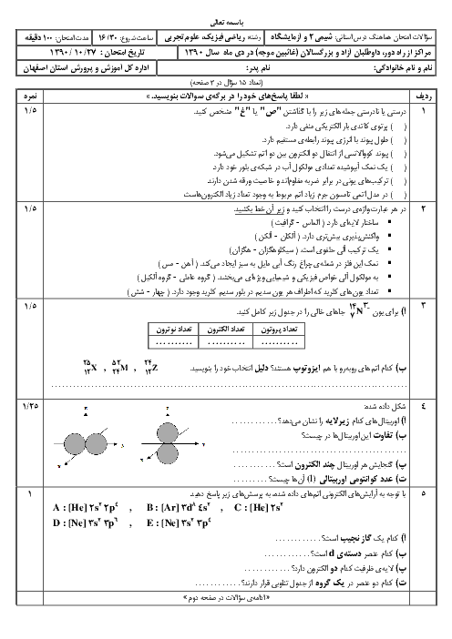  سوالات امتحان هماهنگ شیمی دوم دبیرستان | استان اصفهان دی 1390 سری 2