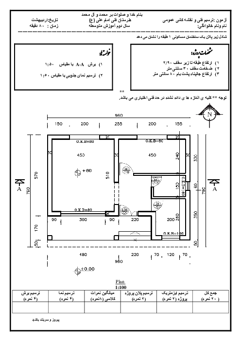 آزمون عملی ترسیم فنی و نقشه کشی دهم هنرستان حضرت فاطمه معصومه (ع) | فصل 9: نقشه کشی معماری