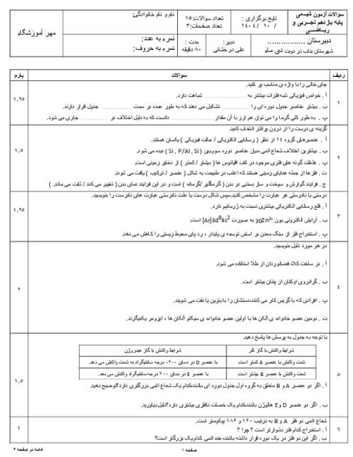 نمونه سوال شیمی یازدهم نوبت اول دی 1404 دبیرستان علامه طباطبائی