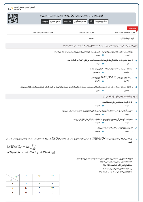 آزمون پایانی نوبت دوم شیمی (۲) یازدهم ریاضی و تجربی | سری ۵