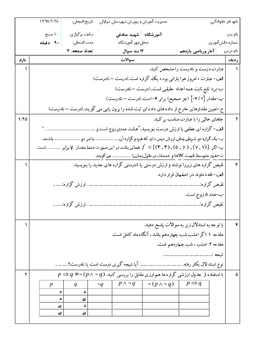 آزمون نوبت دوم ریاضی و آمار یازدهم انسانی دبیرستان شهید صادقی | خرداد 1398