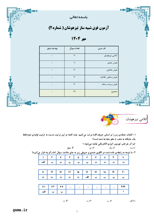 نمونه سوال شبیه ساز تیزهوشان ورودی ششم به هفتم (شماره 2)
