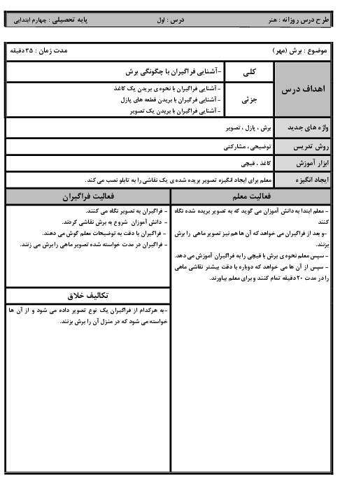 طرح درس های ماهانه هنر پایه چهارم ابتدایی 