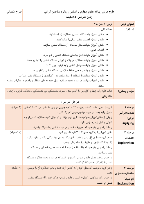 طرح درس روزانه علوم پایه چهارم دبستان بر اساس الگوی تدریس 5E ساختگرایی | درس 10: دستگاه تنفس