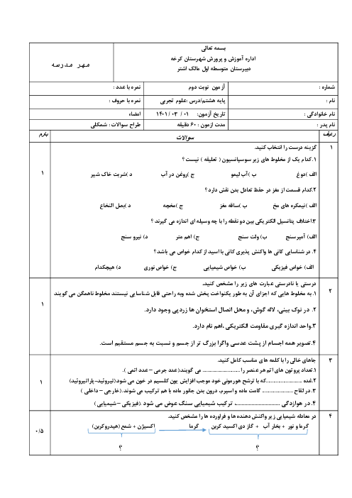 امتحان نوبت دوم درس علوم تجربی پایه هشتم مدرسه مالک اشتر کرخه خرداد 1401