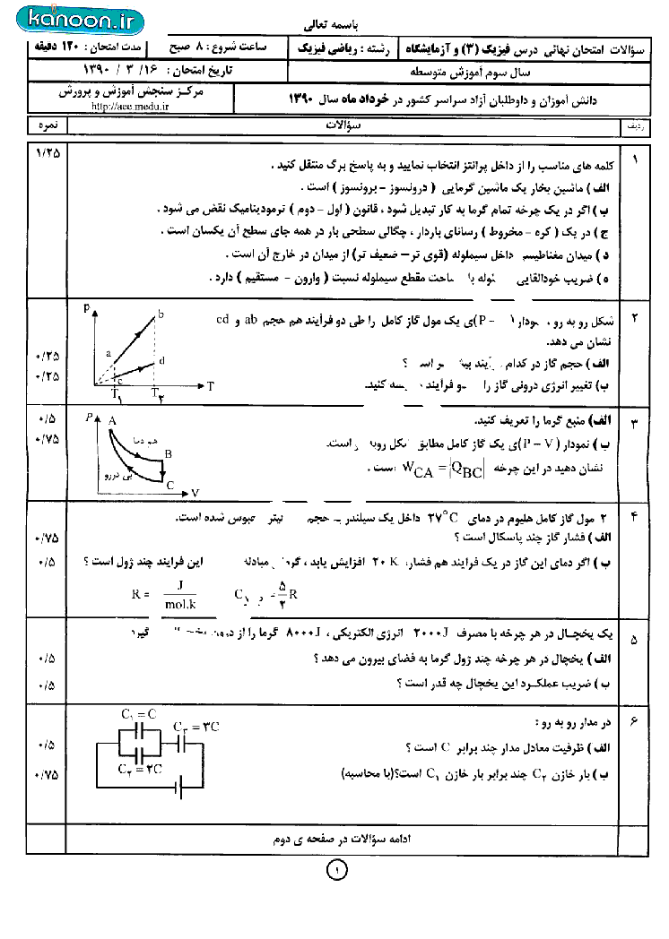 سوالات امتحان نهایی فیزیک (3) و آزمایشگاه- خرداد 1390