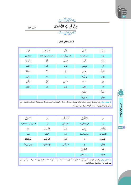 درسنامه آموزشی + 55 تست عربی، زبان قرآن (2) پایه یازدهم مشترک ریاضی و تجربی | درس 1: مِنْ آياتِ الْأَخلاقِ