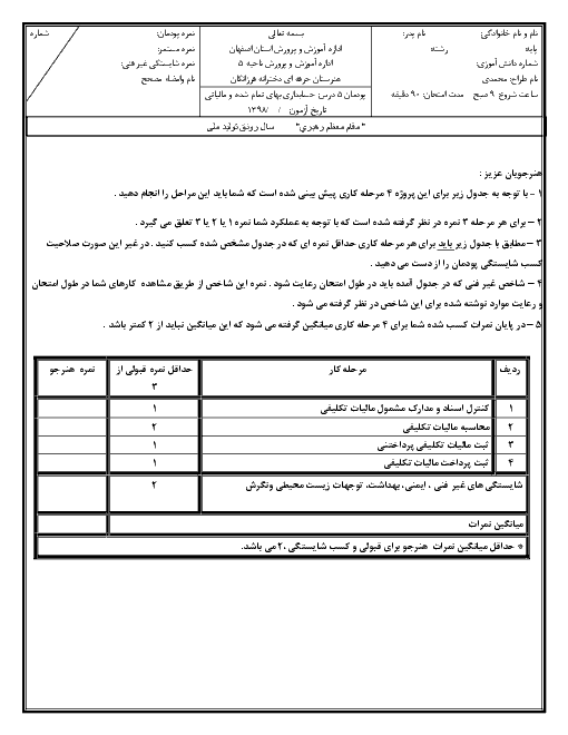 آزمون حسابداری بهای تمام شده و مالیاتی دوازدهم هنرستان حرفه ای و بازرگانی فرزانگان | پودمان 5: مالیات تکلیفی