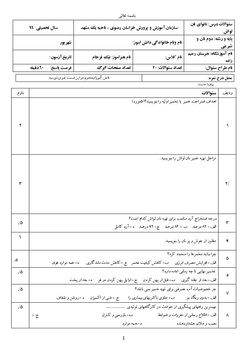 نمونه سوال امتحان ترم دوم نانوای نان حجیم و نیمه حجیم دهم هنرستان فنی شهید مهدی زاده | خرداد 1399