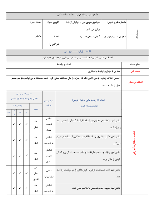 طرح درس روزانه مطالعات پنجم ابتدایی | درس اول: ارتباط با دیگران