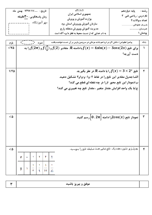 آزمون ریاضی (3) فنی پایه دوازدهم هنرستان شهید مدنی | پودمان 1: کاربرد برخی تابع‌ها در زندگی روزمره