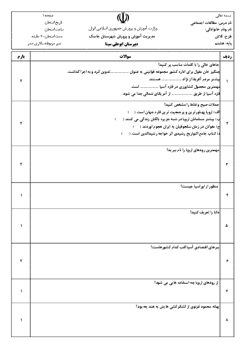 امتحان مستمر مطالعات اجتماعی هشتم دبیرستان ابوعلی سینا بندر جاسک | فصل 7 تا 10 (درس 13 تا 20)