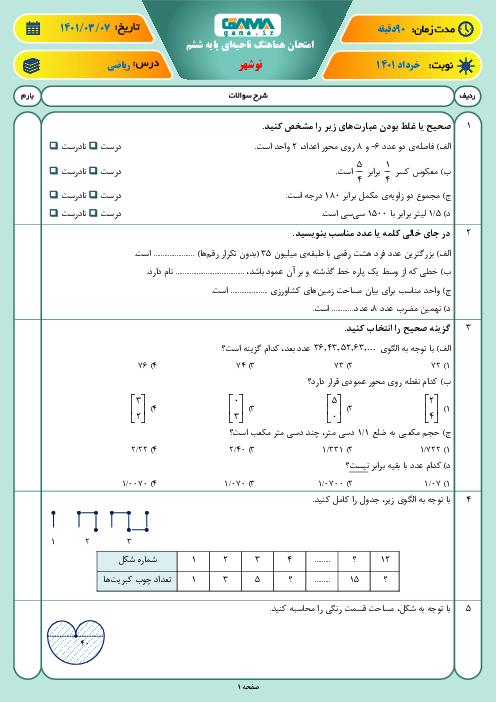 سوالات آزمون نوبت دوم ریاضی ششم هماهنگ نوشهر | خرداد 1401