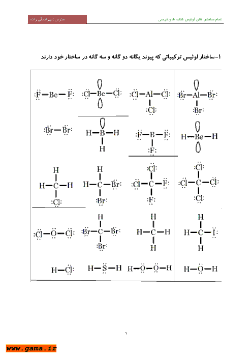 ساختارهای لوئیس با پیوند یگانه، دوگانه، سه گانه، داتیو، ترکیبات یونی، رادیکال ها و مواد آلی