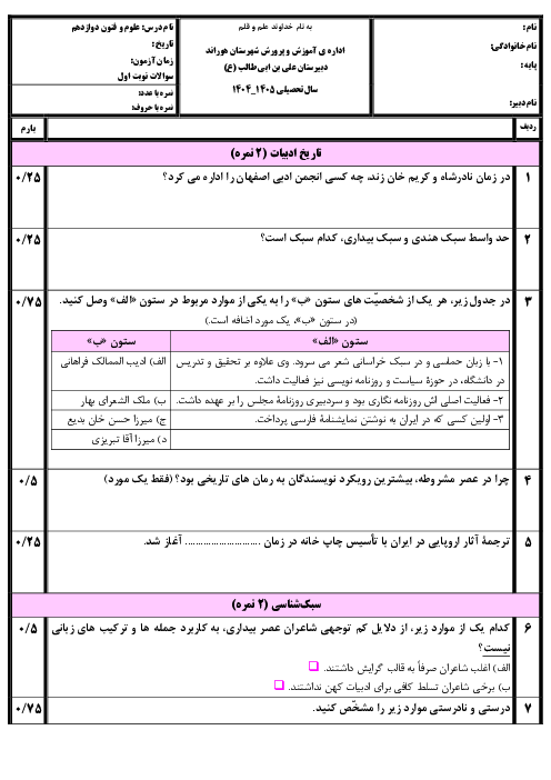 نمونه سوال علوم و فنون ادبی 3 دوازدهم انسانی نوبت اول | دیماه 1404 دبیرستان علی بن ابیطالب