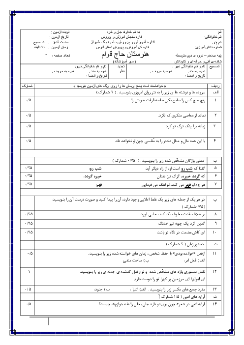 سوالات امتحان جبرانی نوبت دوم فارسی و نگارش (1) دهم هنرستان کاردانش حاج قوام | دی 1399