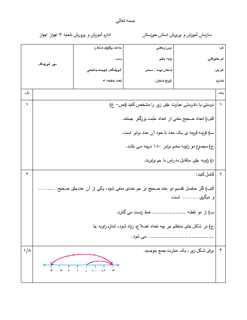 ارزشیابی مستمر ریاضی هفتم دوره اول متوسطه دبیرستان شهید حمید الباجی ناحیه 4 اهواز | آذر 96: فصل 1 تا 4