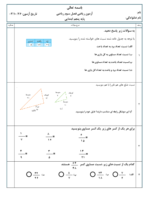 آزمون فصل 3 ریاضی پنجم: نسبت، تناسب و درصد