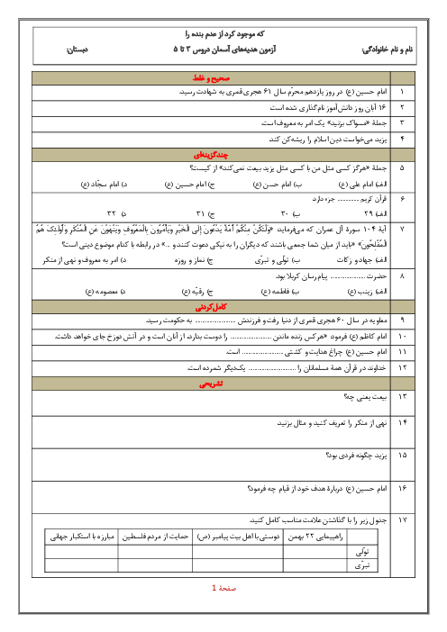 آزمون دروس 3 تا 5 هدیه‌های آسمان پایۀ ششم