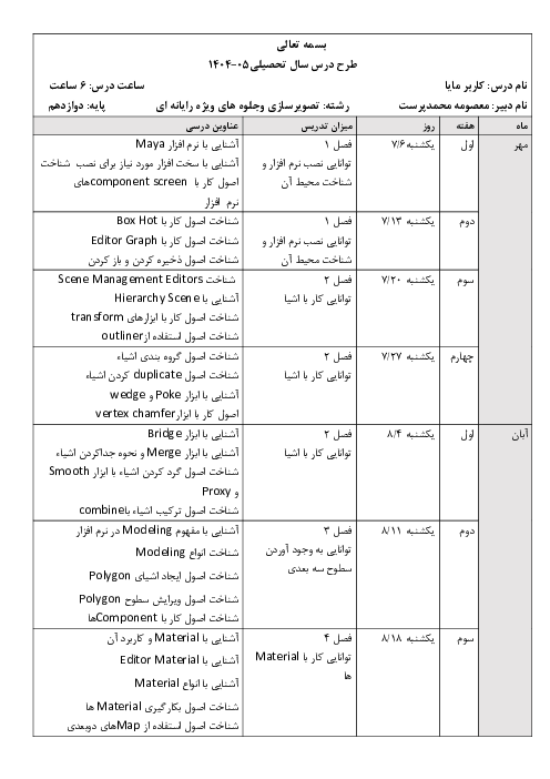 طرح درس سالانه کاربر مایا maya